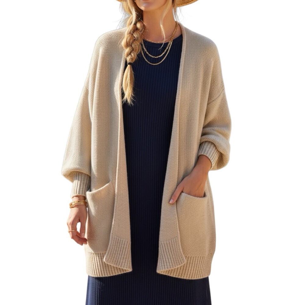 Oversized Dolman Sleeve Open Front Knit Cardigan Beige Boho Small